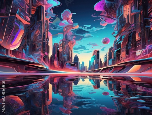 Vibrant Cityscape Reflections in Dreamlike Futuristic Urban Setting