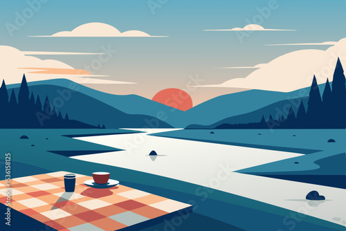 peaceful riverside picnic scene with checkered 