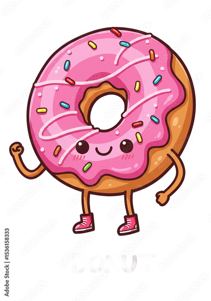 Fototapeta premium Illustration of a Cartoon Donut Character with Pink Frosting png isolated transparent background