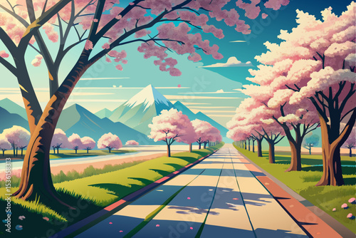 peaceful rural path lined with cherry blossoms 