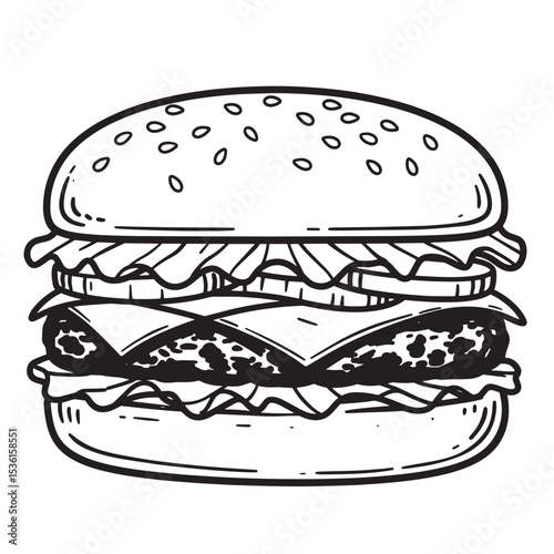 Delicious gourmet hamburger illustration with a silhouette style featuring buns, cheese, patties, and fresh vegetables in a black and white drawing
