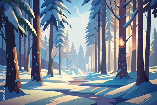 peaceful snowy forest with light filtering through.svg