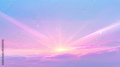 Pastel pink and blue sunrise over soft clouds with sun rays.