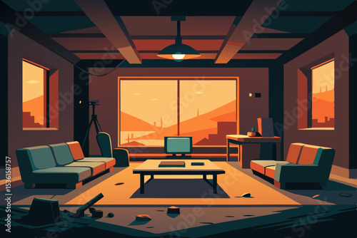 post apocalyptic bunker living room with salvaged .svg