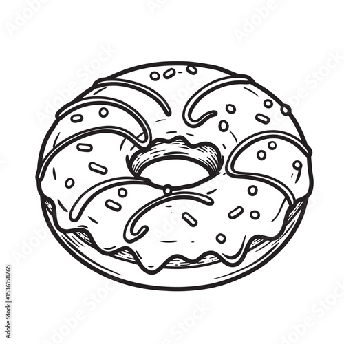 Deliciously illustrated silhouette of a classic glazed doughnut decorated with sprinkles and icing in black and white