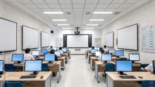 A modern computer lab with multiple workstations, students focused on screens, and a large projector display at the front of the room.