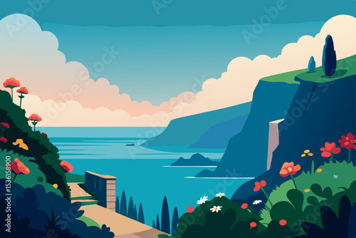 quiet cliffside garden with blooming flowers 