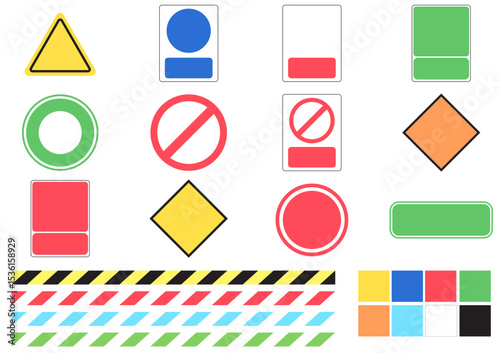 A collection of colorful shapes and symbols for adding text and additional symbols, mostly industrial.
