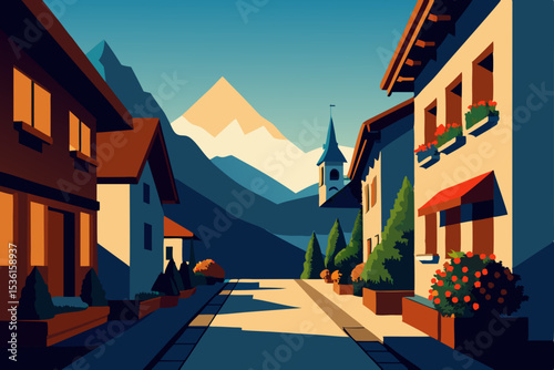 quiet alpine village with flower boxes and cobbles 
