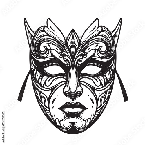 Detailed silhouette of an ornate venetian mask with intricate swirls and decorative elements on white background