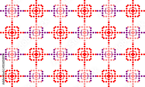 pink, red and purple polka dots in square rectangles grid pattern design for fabric printing as repeat pattern, pink purple circle