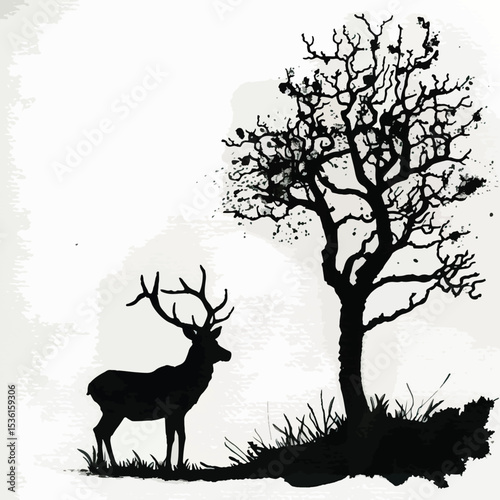 Silhouette of a deer stag and a tree