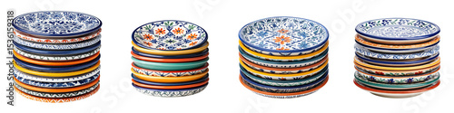 Stacks of colorful and patterned ceramic plates