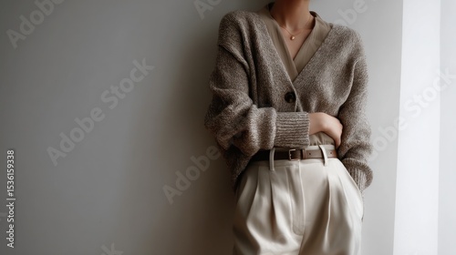 Woman in neutral tones clothing posing indoors fashion and style concept
