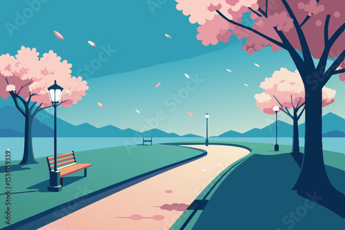 quiet park in spring with cherry blossoms drifting.svg