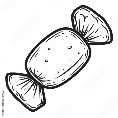 Hand drawn black and white silhouette illustration of wrapped hard candy sweet treat on white background