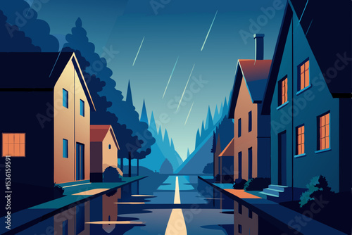 rain soaked street in a quiet village surrounded 