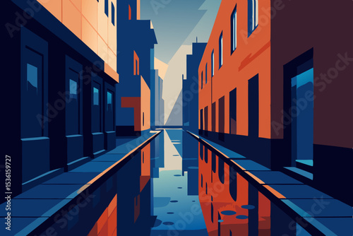 rainy city alley with reflections on wet cobblesto