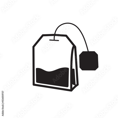 Minimalist black and white silhouette vector illustration depicting a tea bag with a tag and string for beverages