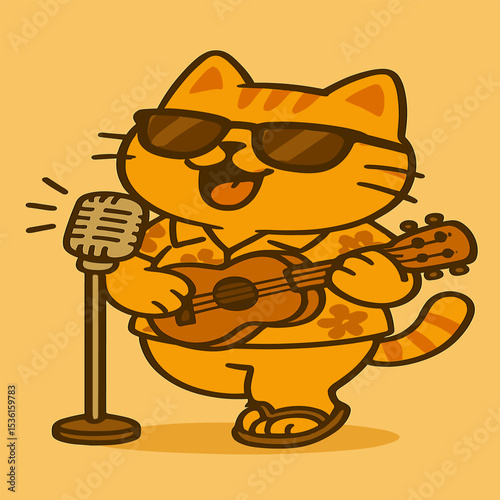 A chubby cartoon cat sings into a retro microphone while strumming a ukulele. It wears sunglasses and a tropical shirt, giving off a relaxed and cheerful vibe in the vector illustration.
