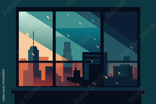 rainy glass window view with city lights blurred 