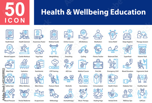 Health & Wellbeing Education Icon Collection and Simple Concept Outline Color, Containing: Health Book  ,Health Seminar  ,Awareness Poster  ,Medical Guide  ,Online Course  ,Mindfulness  ,Meditation  ,