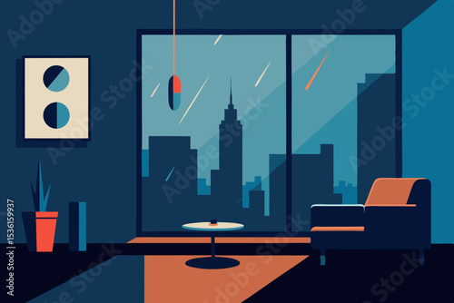 rainy high rise corner living room with raindrops .svg