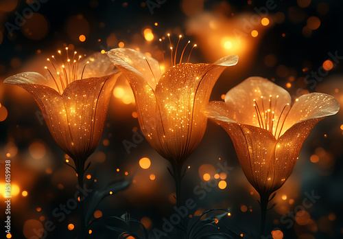 Glowing Orange Flower Mockup with Sparkling Petals on Dark Background

 photo