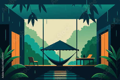 rainy jungle bungalow living room with open 