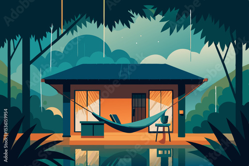 rainy jungle bungalow living room with open 