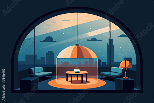 rainy rooftop living room under a glass dome  warm