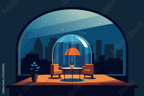 rainy rooftop living room under a glass dome  warm.svg