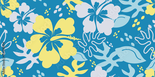 Abstract hand drawn Hibiscus flowers, seamless patterns with floral for fabric, textiles, clothing, poster, cover, banner, wall art, home decor, background. Vector illustration