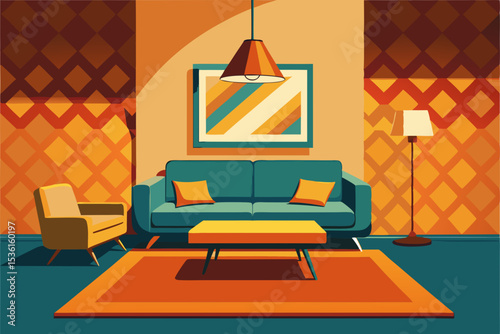 retro 70s living room with patterned wallpaper 