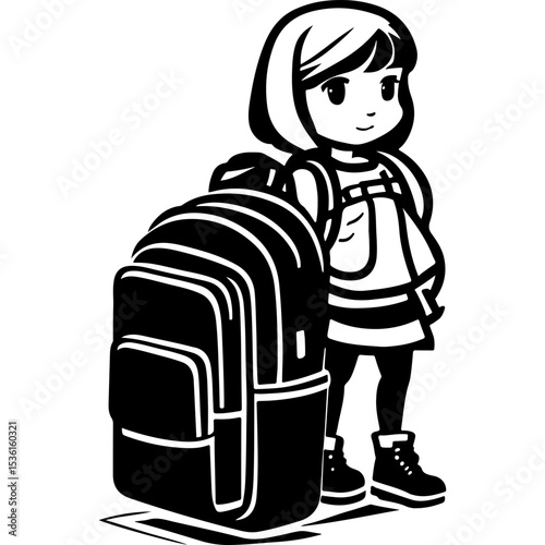 Sketchy sport emblem of girl standing next to luggage suitcase waiting for flight in monochrome. Engraving minimalistic vector in black ink drawing on transparent background