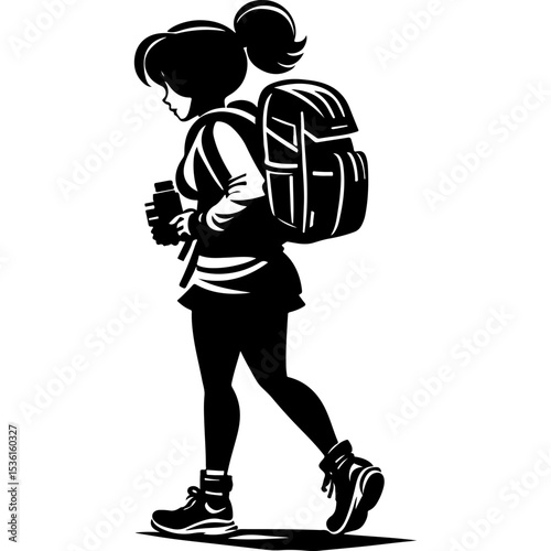 Sketchy sport emblem of female traveler with a backpack walks along the route in monochrome. Engraving minimalistic vector in black ink drawing on transparent background