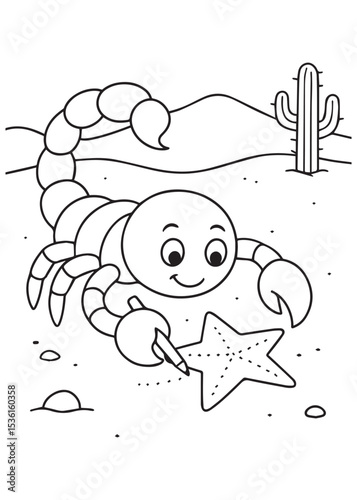 Coloring book scorpion, with a cheerful expression, traces a star shape in the sand with a stick photo
