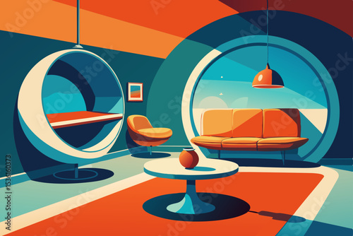 retro futurist capsule living room with curved 
