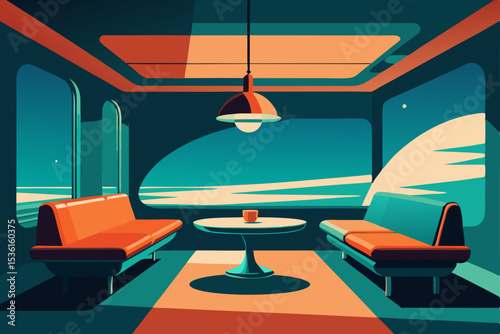retro futurist spaceship living room with chrome 