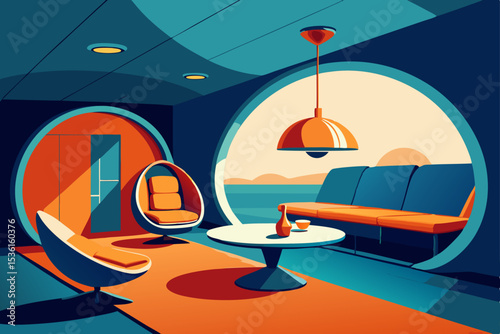 retro futurist capsule living room with curved 