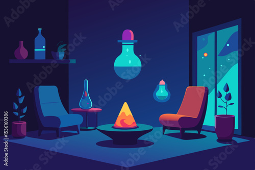 retro fantasy fusion living room with lava lamps 