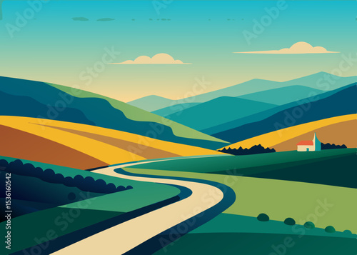 rolling countryside with patchwork fields and wind.svg