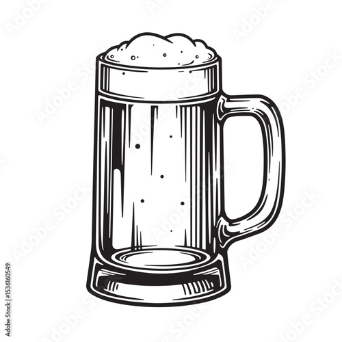 Vector illustration of a classic beer mug filled with foamy brew depicted in detailed black and white silhouette design.