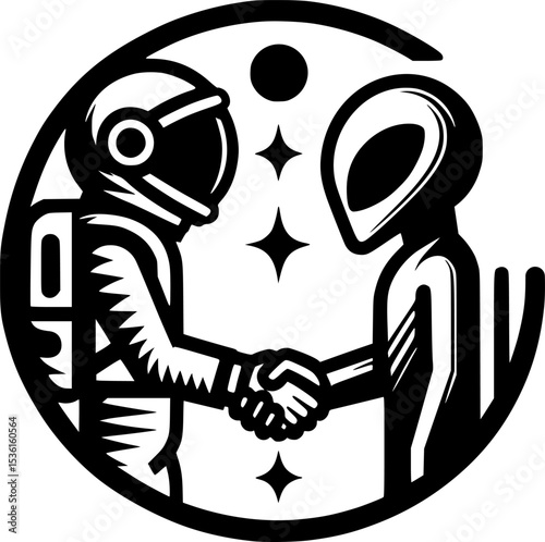 Sketchy cosmic emblem of first contact with a representative of an extraterrestrial civilization in monochrome. Engraving minimalistic vector in black ink drawing on transparent background