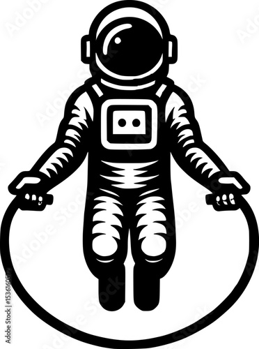 Sketchy cosmic emblem of Cosmonaut maintains health and physical fitness by jumping rope in monochrome. Engraving minimalistic vector in black ink drawing on transparent background