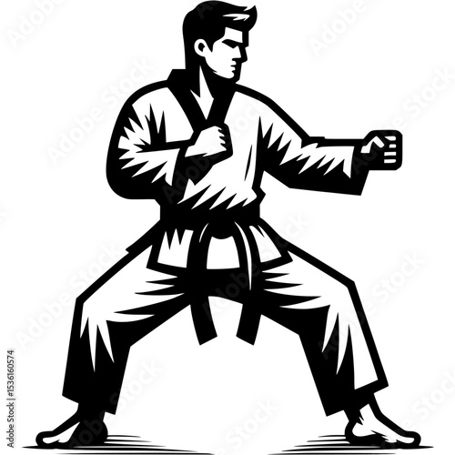 Sport emblem of karate fighter prepared for battle in monochrome. Engraving minimalistic vector in black ink drawing on transparent background