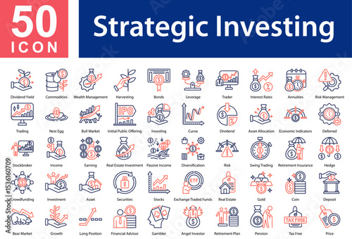 Strategic Investing Icon Collection and Simple Concept Outline Color, Containing: Dividend Yield  ,Commodities  ,Wealth Management  ,Harvesting  ,Bonds  ,Leverage  ,Trader  ,Interest Rates  ,Annuities