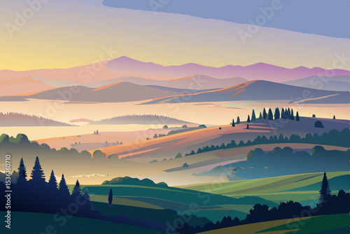 rolling hills at dawn with layers of mist and soft 
