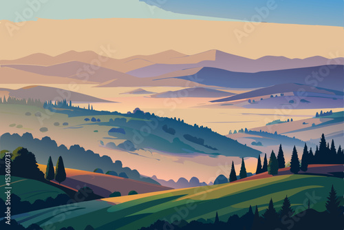 rolling hills at dawn with layers of mist and soft.svg