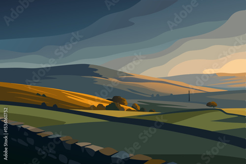 rolling moorland under overcast skies with stone